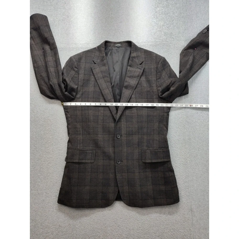 Express Men Blazer Jacket 42L Blue Brown Plaid Two Button‎ Formal Business Slim